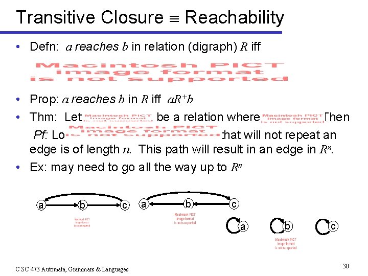 Transitive Closure Reachability • Defn: a reaches b in relation (digraph) R iff •