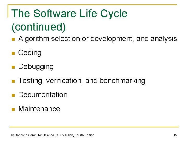 The Software Life Cycle (continued) n Algorithm selection or development, and analysis n Coding