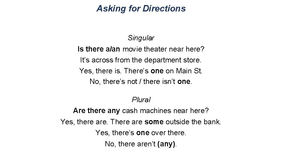 Asking for Directions Singular Is there a/an movie theater near here? It’s across from