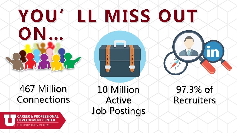 YOU’LL MISS OUT ON… 467 Million Connections 10 Million Active Job Postings 97. 3%