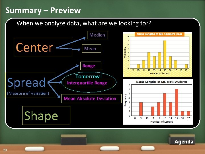 Summary – Preview When we analyze data, what are we looking for? Median Center