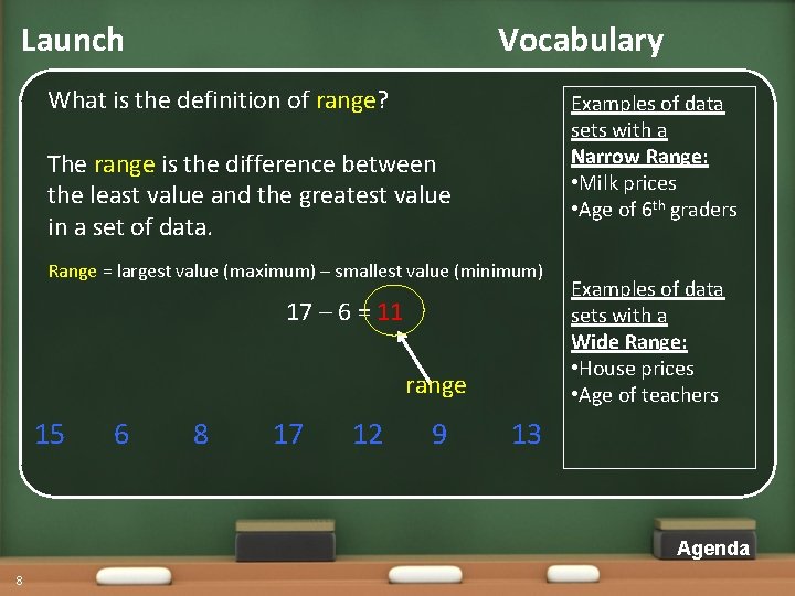 Launch Vocabulary What is the definition of range? Examples of data sets with a
