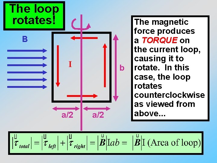 The loop rotates! B I a/2 b a/2 The magnetic force produces a TORQUE