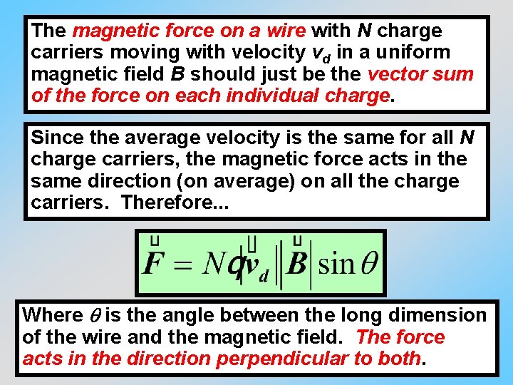 The magnetic force on a wire with N charge carriers moving with velocity vd