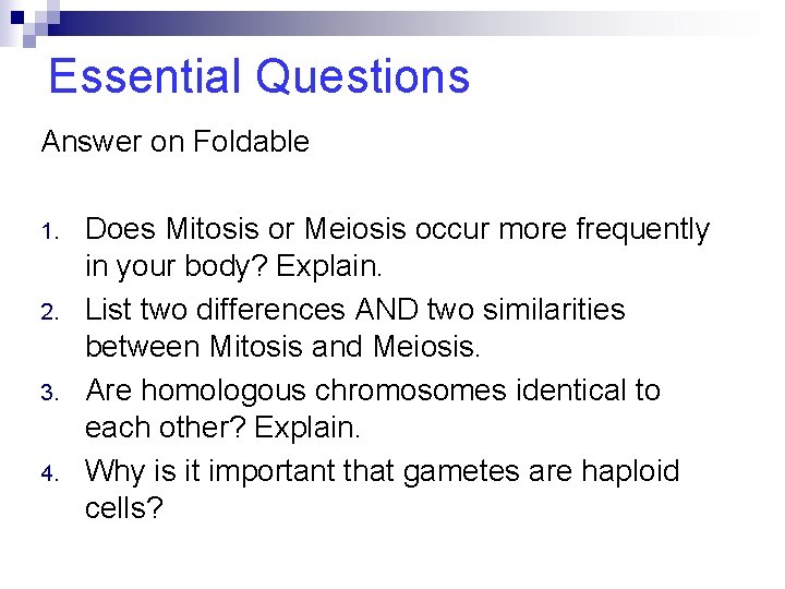 Essential Questions Answer on Foldable 1. 2. 3. 4. Does Mitosis or Meiosis occur
