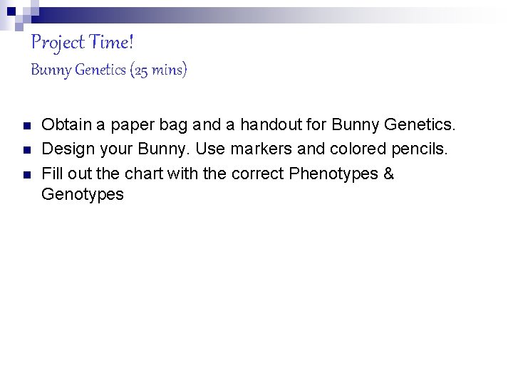 Project Time! Bunny Genetics (25 mins) n n n Obtain a paper bag and