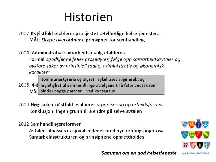 Historien 2002 KS Østfold etablerer prosjektet «Helhetlige helsetjenester» MÅL: Skape overordnede prinsipper for samhandling