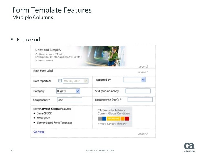 Form Template Features Multiple Columns § Form Grid 13 © 2016 CA. ALL RIGHTS