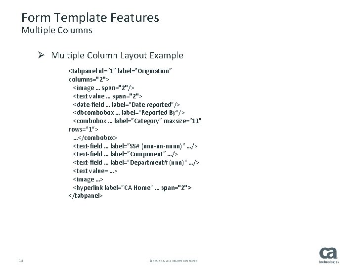 Form Template Features Multiple Columns Ø Multiple Column Layout Example <tabpanel id="1" label="Origination" columns="2">