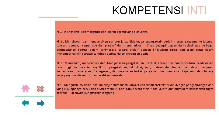 KOMPETENSI INTI KI 1 : Menghayati dan mengamalkan ajaran agama yang dianutnya. KI 2