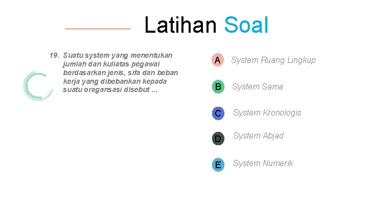 Latihan Soal 19. Suatu system yang menentukan jumlah dan kuliatas pegawai berdasarkan jenis, sifa