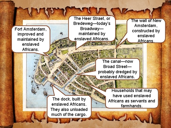 Fort Amsterdam, improved and maintained by enslaved Africans. The Heer Straet, or Bredeweg—today’s Broadway—