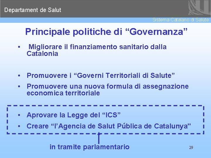 Departament de Salut Sistema Catalano di Salute Principale politiche di “Governanza” • Migliorare il