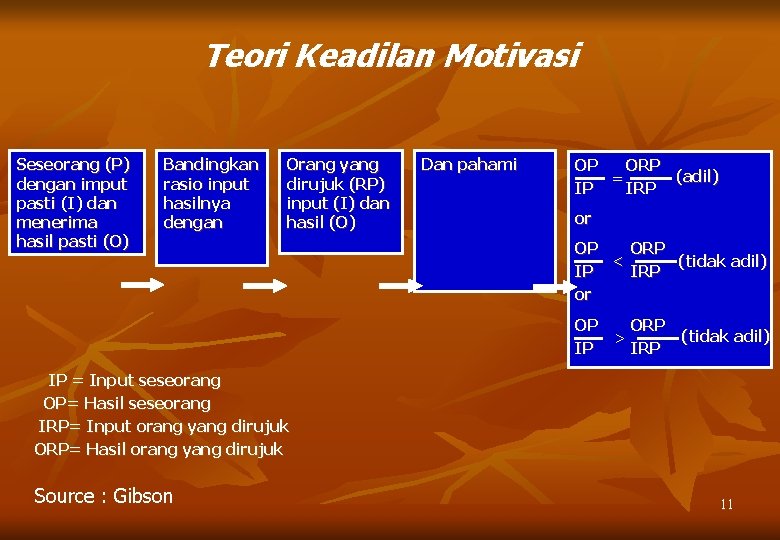 Teori Keadilan Motivasi Seseorang (P) dengan imput pasti (I) dan menerima hasil pasti (O)