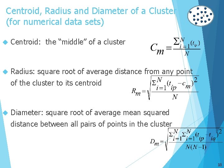 Centroid, Radius and Diameter of a Cluster (for numerical data sets) Centroid: the “middle”