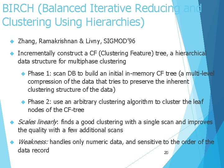 BIRCH (Balanced Iterative Reducing and Clustering Using Hierarchies) Zhang, Ramakrishnan & Livny, SIGMOD’ 96