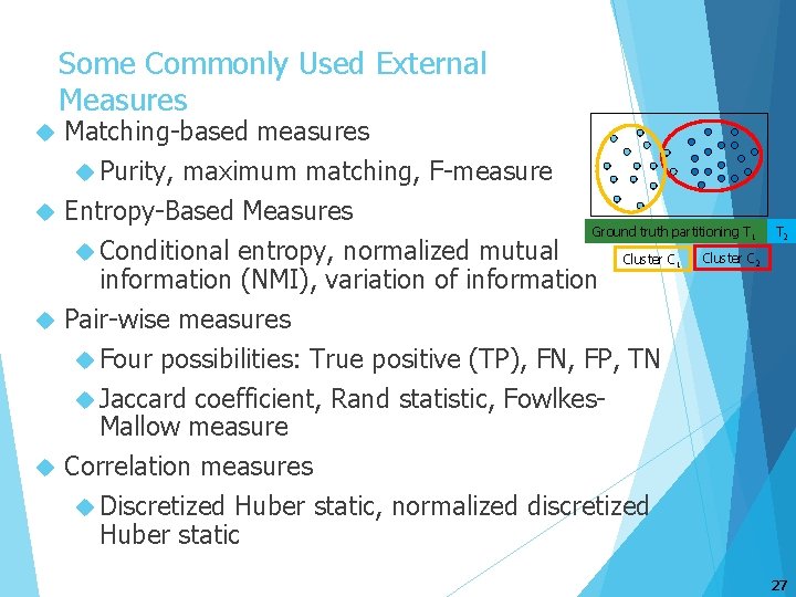 Some Commonly Used External Measures Matching-based measures Purity, maximum matching, F-measure Entropy-Based Measures Ground