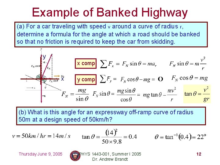 Example of Banked Highway (a) For a car traveling with speed v around a