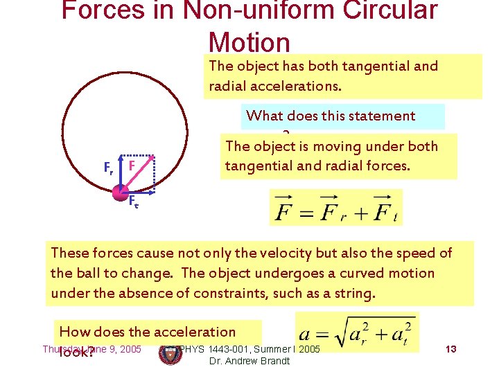 Forces in Non-uniform Circular Motion The object has both tangential and radial accelerations. Fr