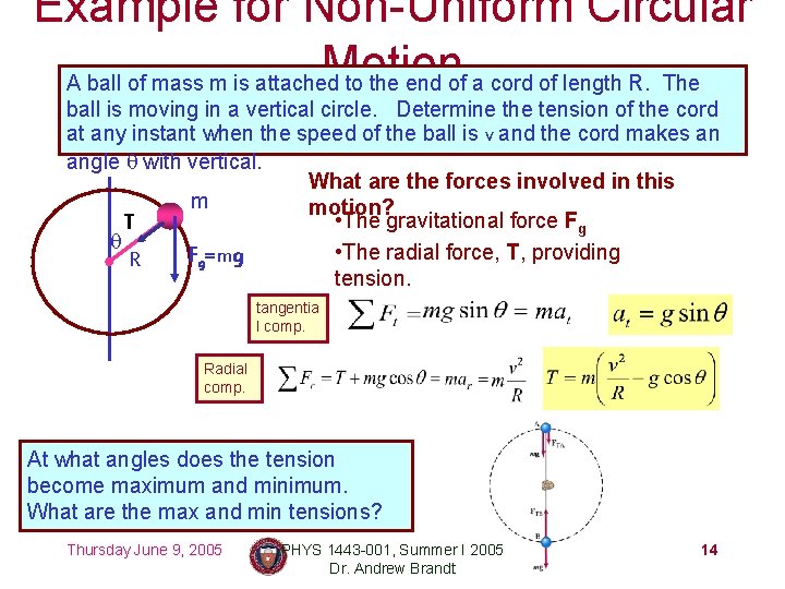 Example for Non-Uniform Circular Motion A ball of mass m is attached to the