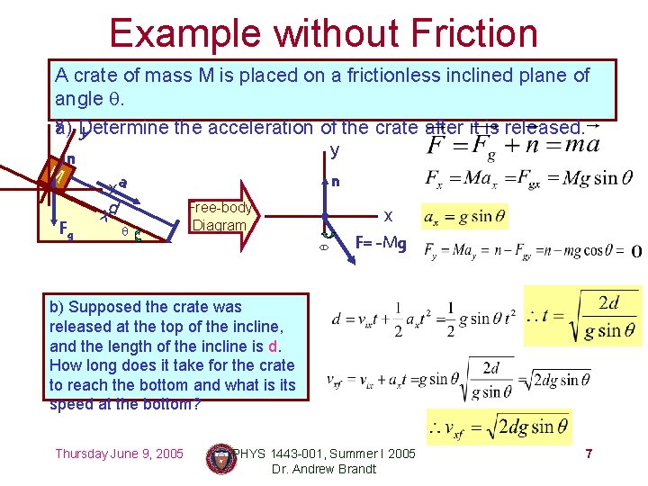 Example without Friction A crate of mass M is placed on a frictionless inclined