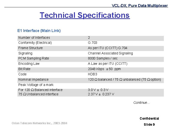 VCL-DX, Pure Data Multiplexer Technical Specifications E 1 Interface (Main Link) Number of Interfaces