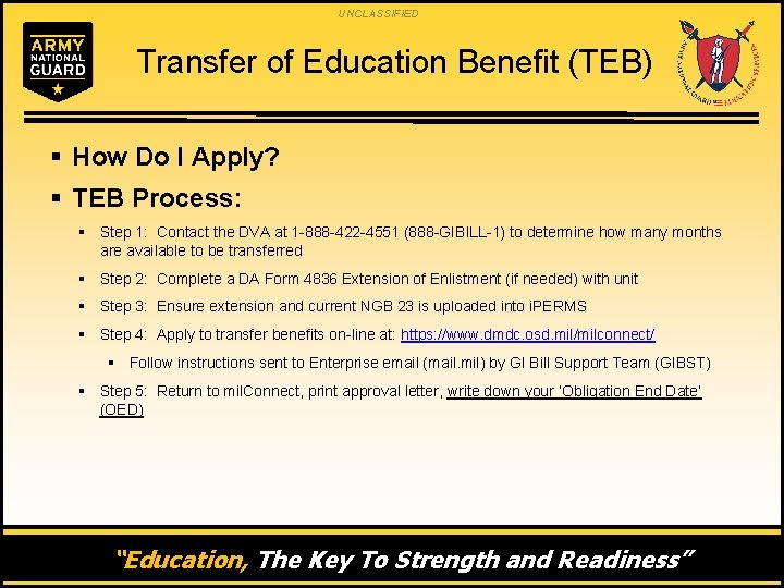 UNCLASSIFIED Transfer of Education Benefit (TEB) § How Do I Apply? § TEB Process:
