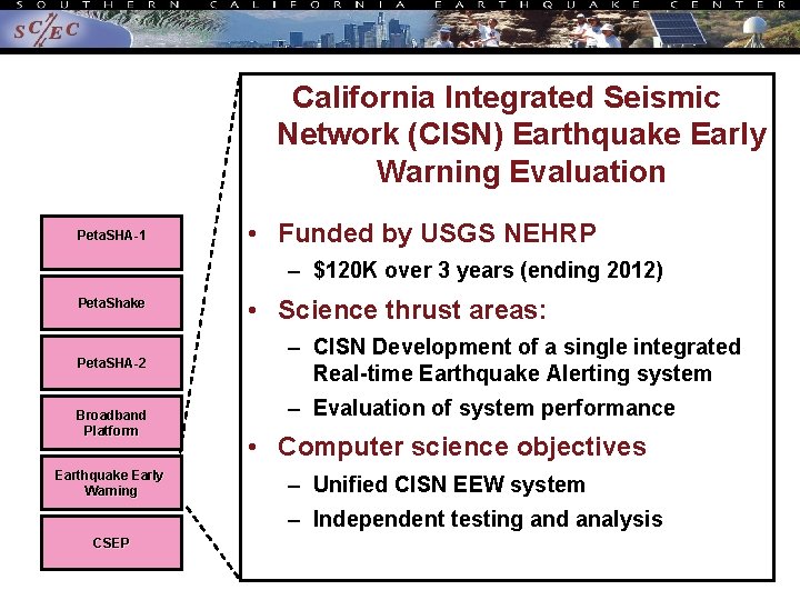 California Integrated Seismic Network (CISN) Earthquake Early Warning Evaluation Peta. SHA-1 • Funded by