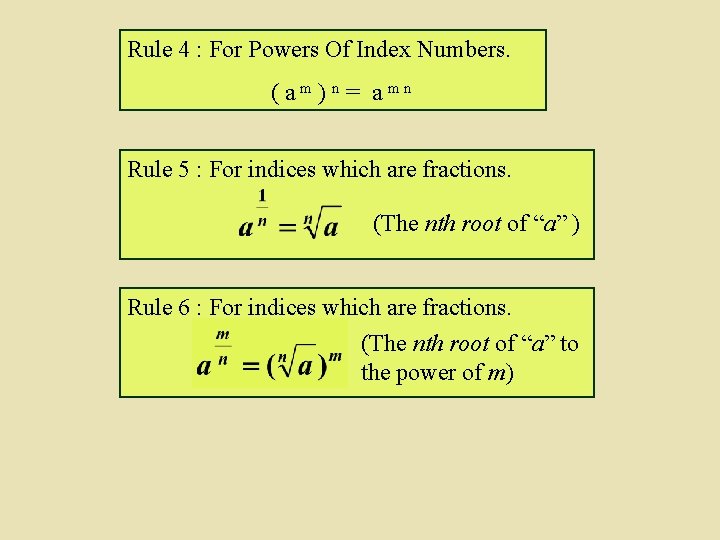 Rule 4 : For Powers Of Index Numbers. ( am ) n = a