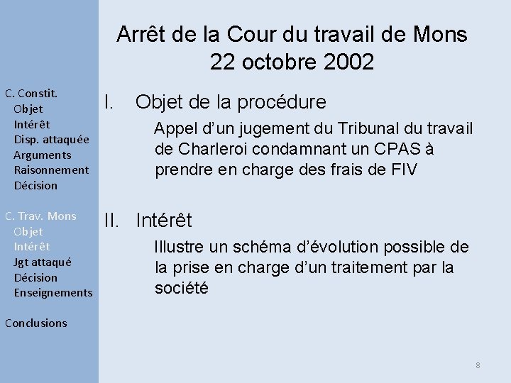 Arrêt de la Cour du travail de Mons 22 octobre 2002 C. Constit. Objet