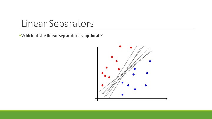 Linear Separators §Which of the linear separators is optimal ? 