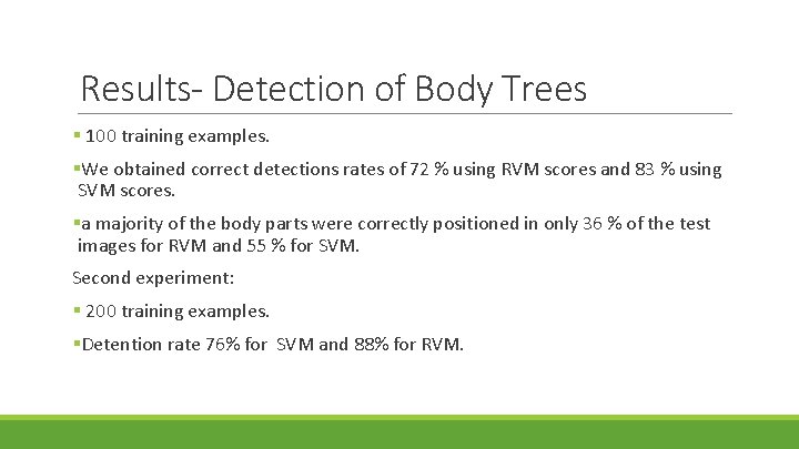 Results- Detection of Body Trees § 100 training examples. §We obtained correct detections rates