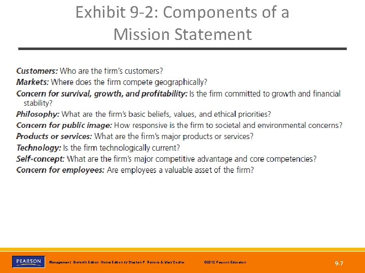 Exhibit 9 -2: Components of a Mission Statement Copyright © 2012 Pearson Education, Inc.