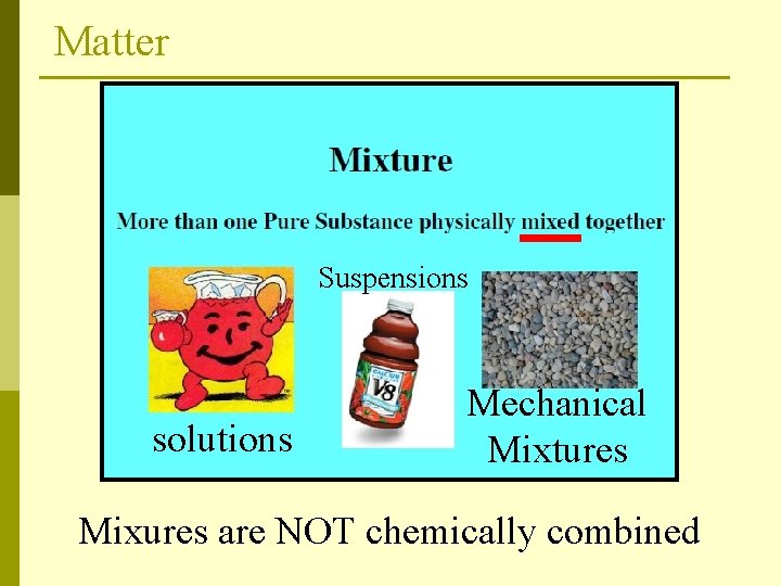 Matter Suspensions solutions Mechanical Mixtures Mixures are NOT chemically combined 