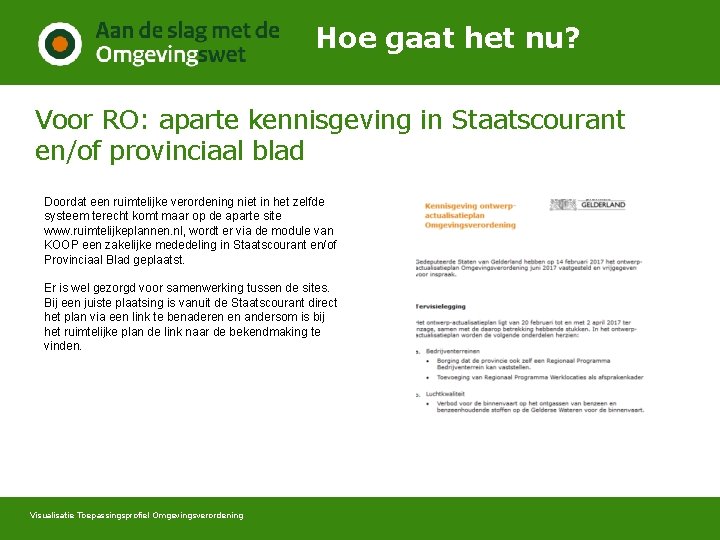 Hoe gaat het nu? Voor RO: aparte kennisgeving in Staatscourant en/of provinciaal blad Doordat