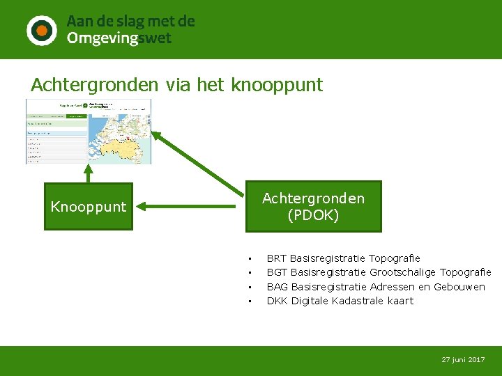 Achtergronden via het knooppunt Achtergronden (PDOK) Knooppunt • • BRT Basisregistratie Topografie BGT Basisregistratie