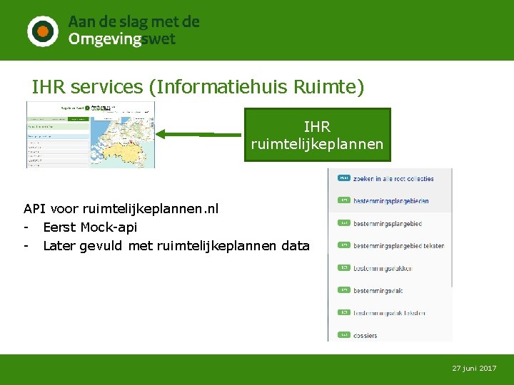 IHR services (Informatiehuis Ruimte) IHR ruimtelijkeplannen API voor ruimtelijkeplannen. nl - Eerst Mock-api -