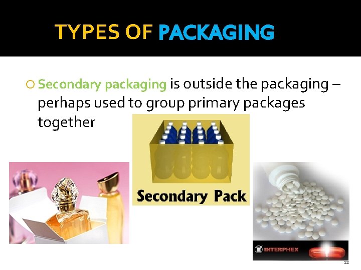 TYPES OF PACKAGING Secondary packaging is outside the packaging – perhaps used to group