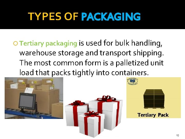 TYPES OF PACKAGING Tertiary packaging is used for bulk handling, warehouse storage and transport