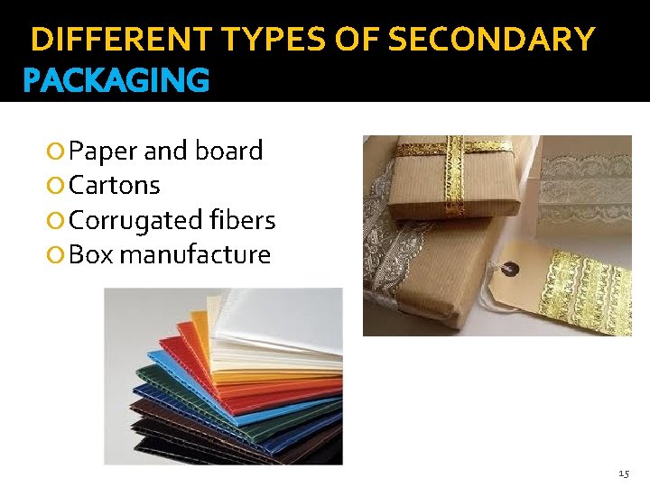 DIFFERENT TYPES OF SECONDARY PACKAGING Paper and board Cartons Corrugated fibers Box manufacture 15