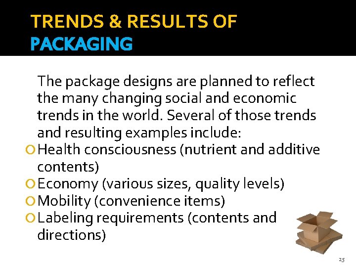 TRENDS & RESULTS OF PACKAGING The package designs are planned to reflect the many