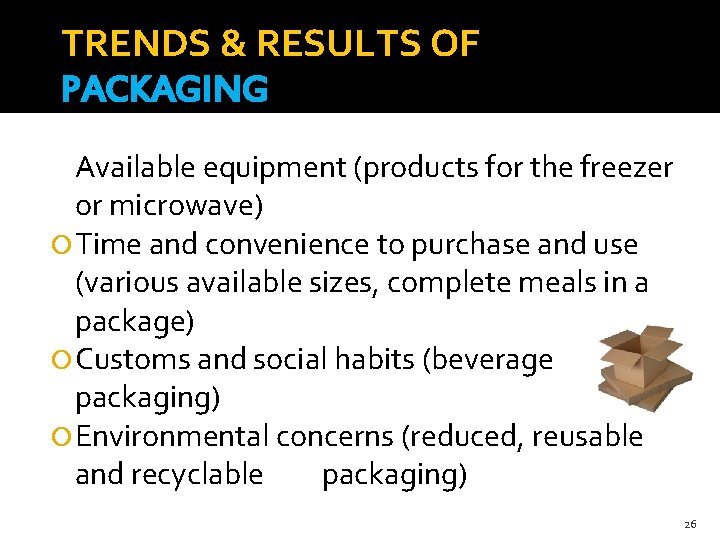 TRENDS & RESULTS OF PACKAGING Available equipment (products for the freezer or microwave) Time