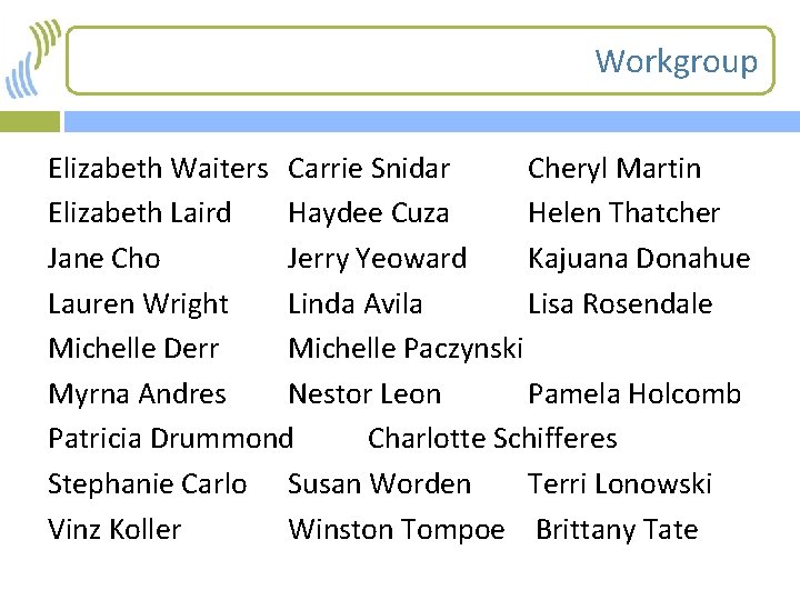 Workgroup Elizabeth Waiters Carrie Snidar Cheryl Martin Elizabeth Laird Haydee Cuza Helen Thatcher Jane