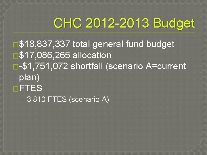 CHC 2012 -2013 Budget �$18, 837, 337 total general fund budget �$17, 086, 265