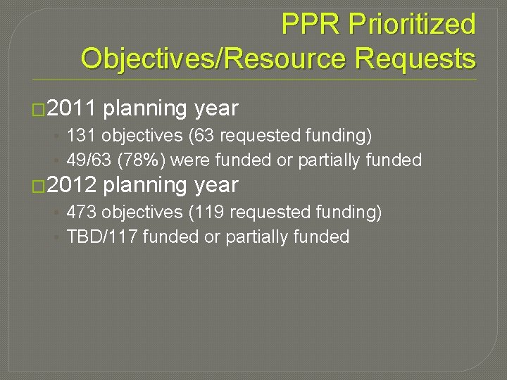 PPR Prioritized Objectives/Resource Requests � 2011 planning year • 131 objectives (63 requested funding)