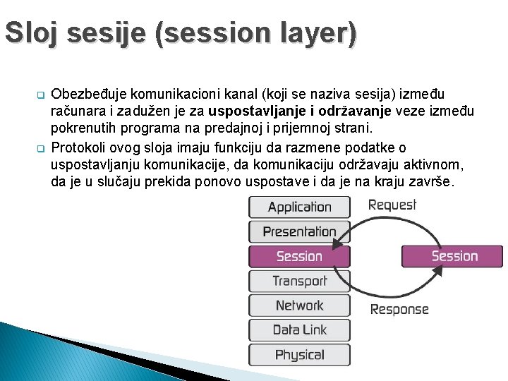 Sloj sesije (session layer) q q Obezbeđuje komunikacioni kanal (koji se naziva sesija) između