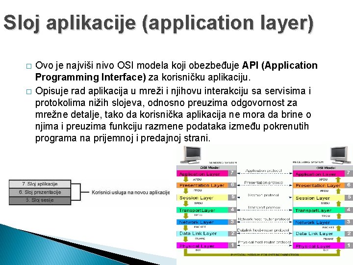 Sloj aplikacije (application layer) � � Ovo je najviši nivo OSI modela koji obezbeđuje