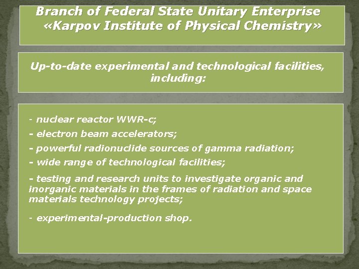Branch of Federal State Unitary Enterprise «Karpov Institute of Physical Chemistry» Up-to-date experimental and