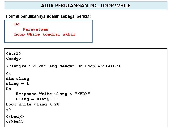 ALUR PERULANGAN DO…LOOP WHILE Format penulisannya adalah sebagai berikut: Do Pernyataan Loop While kondisi