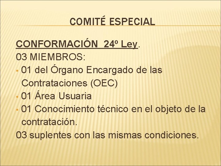 COMITÉ ESPECIAL CONFORMACIÓN 24º Ley. 03 MIEMBROS: • 01 del Órgano Encargado de las